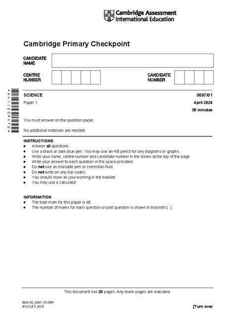 Cambridge Primary Checkpoint SCIENCE Paper 1 - April 2024 - Studocu