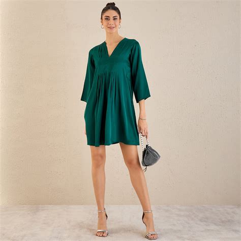 Teal Crystal Embellished Satin Dress with Pleats – First Resort by ...