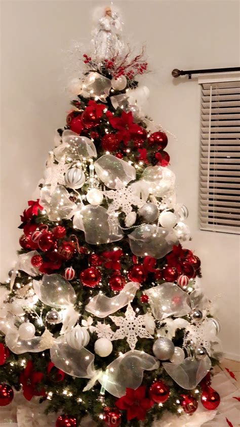 White Christmas Tree with Red and Silver Ornaments