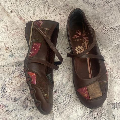 Brown and red patchwork Mary Jane flats sketchers.... | Depop | Funky ...