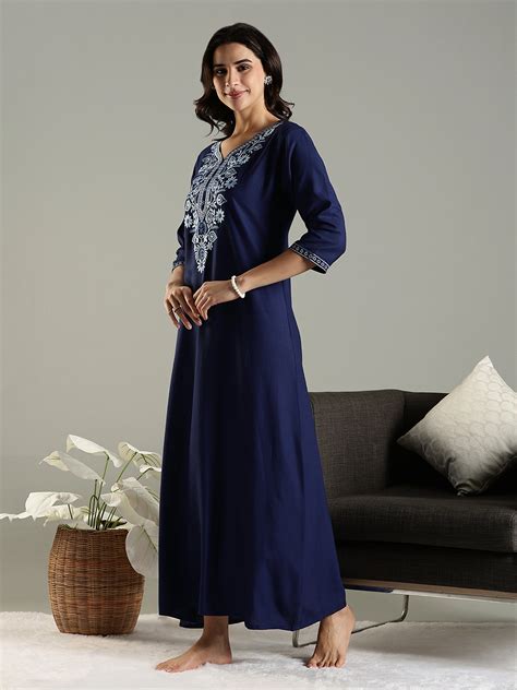 Navy Blue Embroidered Alpine Nighty for Women with Pocket – 9shines label