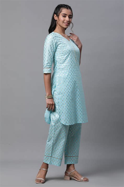 Buy Blue Floral Foil Printed Short Kurta and Pants Co-ord Set Online ...
