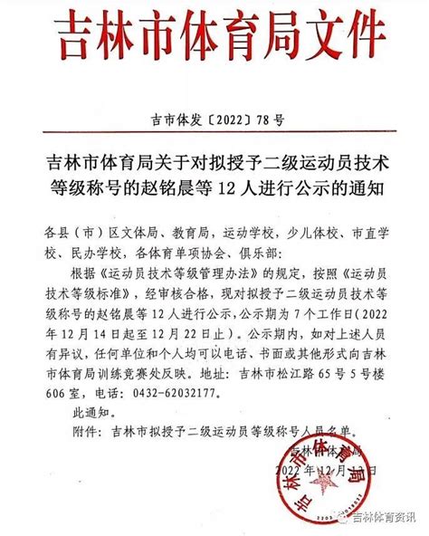吉林市体育局关于拟授予赵铭晨等12人二级运动员技术等级称号_腾讯新闻