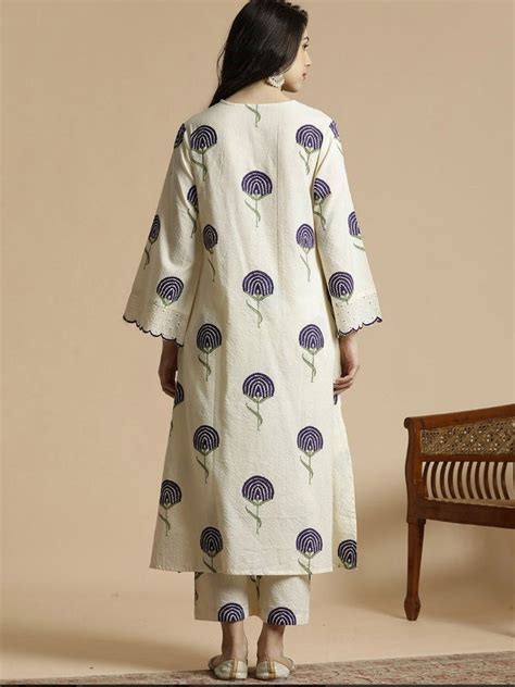 Blue Cotton Kurta Palazzo Set with Floral Print & Bell Sleeves ...