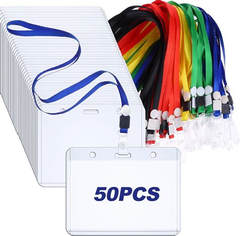 50 Clear ID Badge Holders with Neck Lanyard - Waterproof Plastic Card ...