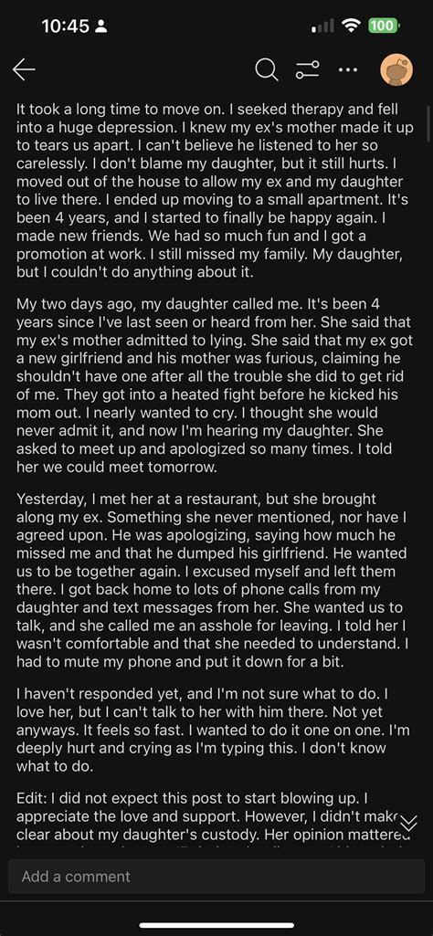 Okay so i have the mom’s POV and daughter’s POV and the mom’s update ...