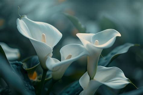 Three White Calla Lilies in a Field with a Scenic Background 48143346 ...
