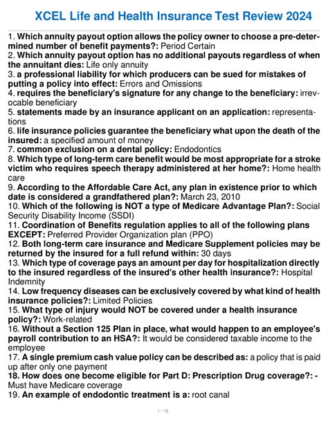 XCEL Life and Health Insurance Test Review 2024: Multiple Choice ...