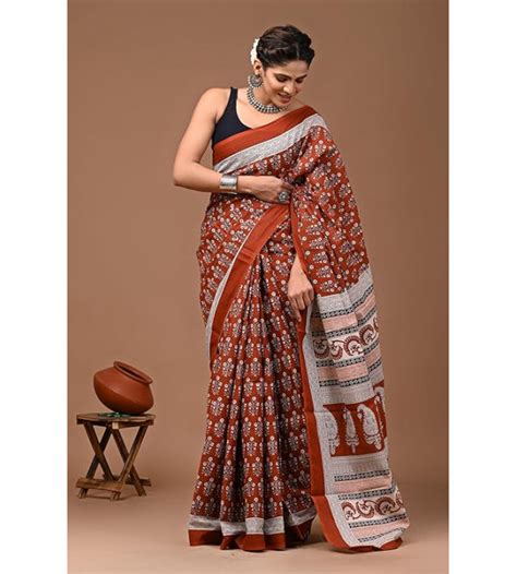 Shop authentic Bagru block printed cotton saree made with natural dyes ...