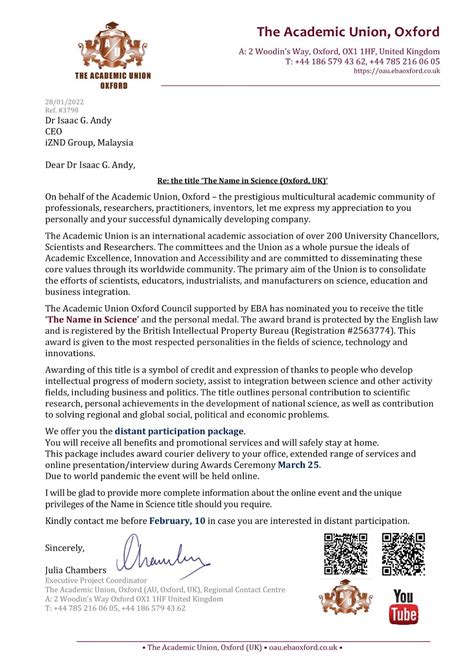 Dr. Isaac G. Andy 'Name in Science Project Oxford UK' online Awards Ceremony : March, 25