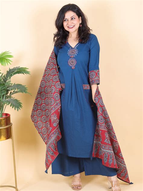 Sadhgi Royal Blue Ajrak Patch with Mirror Work on Neck Cotton 3 Piece ...