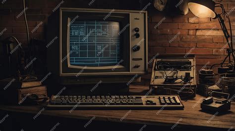 Vintage computer setup oldschool CRT monitor retro computer display classic tech setup nostalgi ...