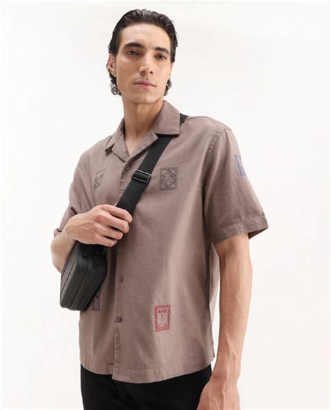 Rare Rabbit Men's Jarny Light Brown Cotton Embroidered Boxy Fit Half S