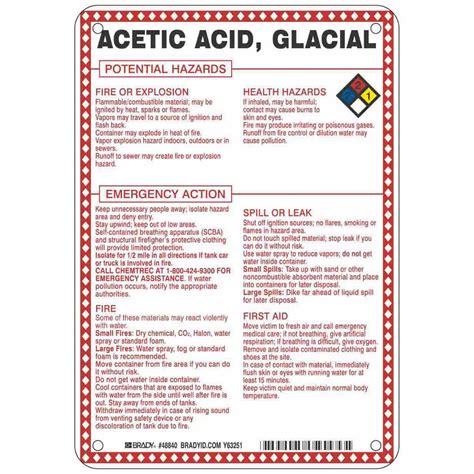 Acetic Acid/Glacial Potential Hazards, Fiberglass, Sign - 41F452|48840 ...