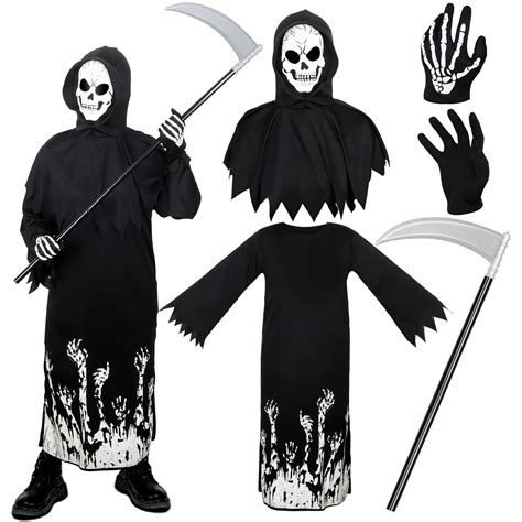 Buy Liengoron Halloween Kids Grim Reaper Costume Skeleton Glowing Suit ...