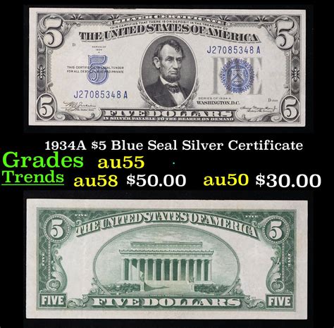 At Auction: 1934A $5 Blue Seal Silver Certificate Grades Choice AU