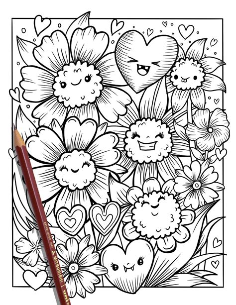 PRINTABLE Cute Flowers Coloring Page, Hand-drawn Coloring Sheet ...