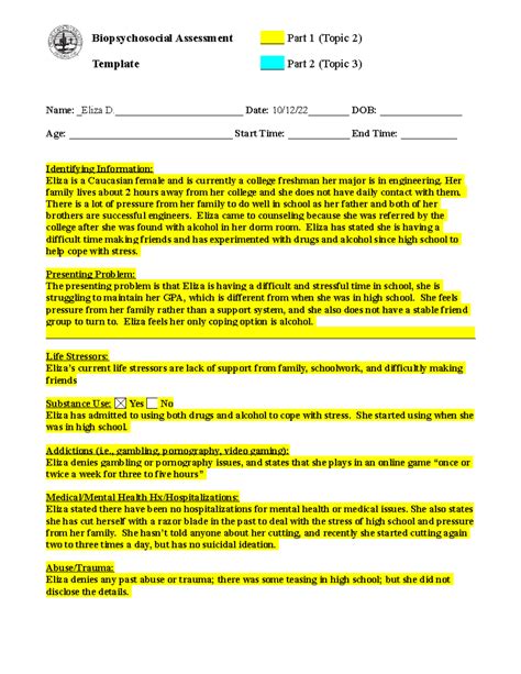 CNL-610-RS-T2-T3 Biopsychosocial Assessment Template - Part 1 - Studocu