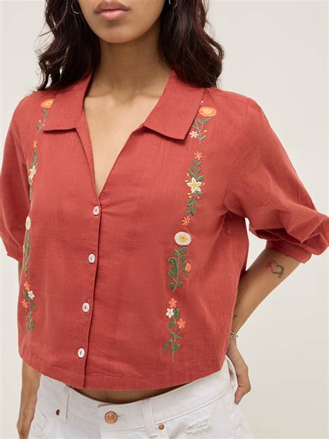 Buy Bombay Paisley Rust Floral Embroidered Cotton Blend Shirt from Westside