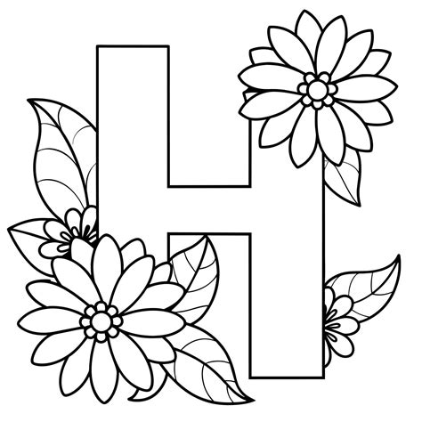 Alphabet H coloring page with the flower, H letter digital outline floral coloring page, ABC ...