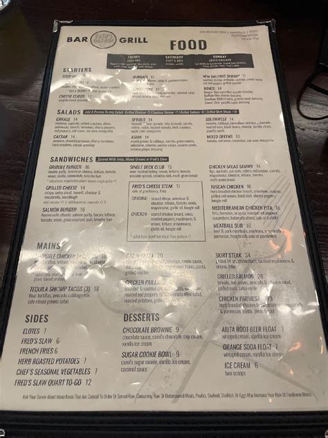 Menu at Fred's Garage pub & bar, Winnetka