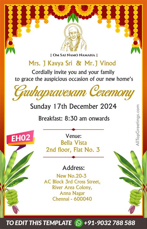 Traditional Gruhapravesam Ceremony Card Template with Sai Bab Template ...