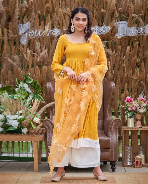 Shop Aaira Musturd Yellow Solid Silk Suit Set for Women Online in India ...