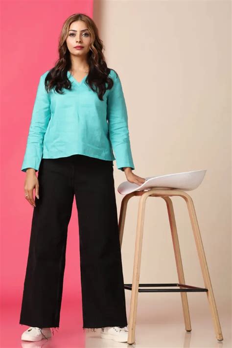 Jade Green Ramie Linen V Neck Long Sleeve Blouse