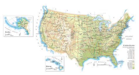 Large elevation map of the United States with roads, railroads, major cities and airports | USA ...