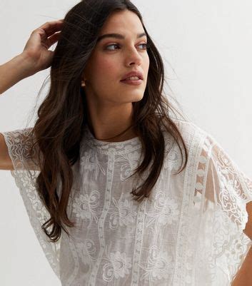 White Mesh Embroidered Short Sleeve Top | New Look