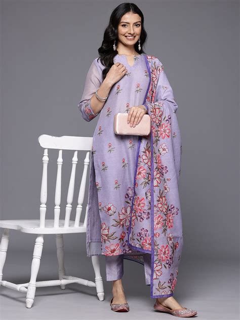 Varanga Women Lavender Floral Printed Thread Embroidered Kurta Paired ...
