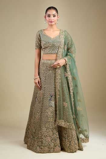 Buy Green Net Tassels, Embroidery V-neck Aari Lehenga Set For Women by ...