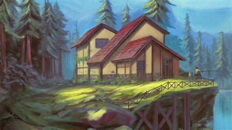 Download wallpaper 1920x1080 fisherman, cliff, house, art full hd, hdtv ...
