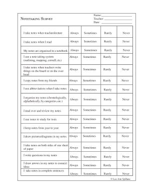 Fillable Online Name NOTETAKING SURVEY Teacher Fax Email Print - pdfFiller