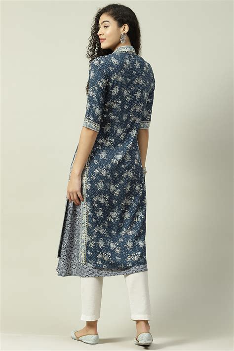 Navy LIVA A-Line Double Layered Printed Kurta at Biba India