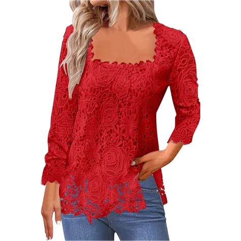 tklpehg Dressy Tops for Women Lace Slim Blouse Square Neck Solid Color ...