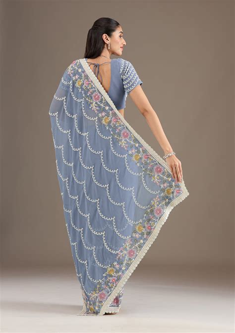 Buy Grey Thread Work Tissue Saree - Koskii