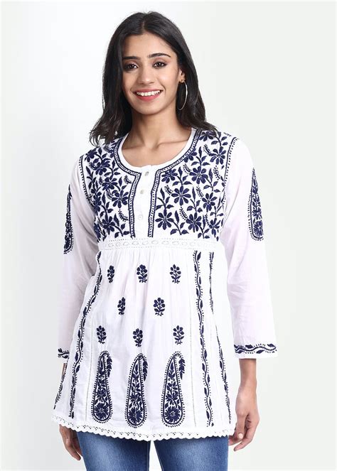 Get Blue Floral Hand Embroidery Chikankari White Tunic at ₹ 999 | LBB Shop