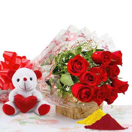 Online Red Roses, Teddy Bear with Gulal Delivery | GoGift