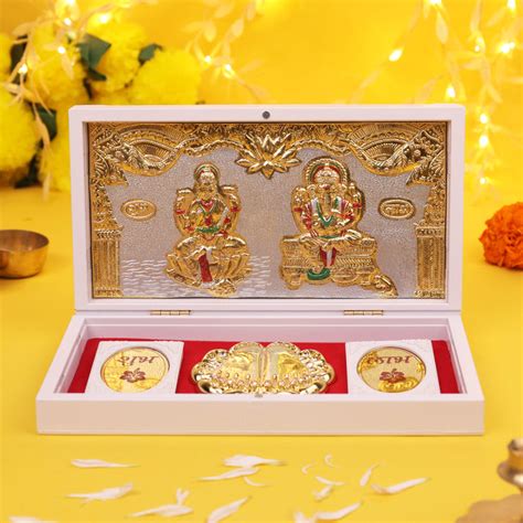 3D Charan Paduka with Lakshmi Ganesh Frame Gold Plated Gift Box with G ...