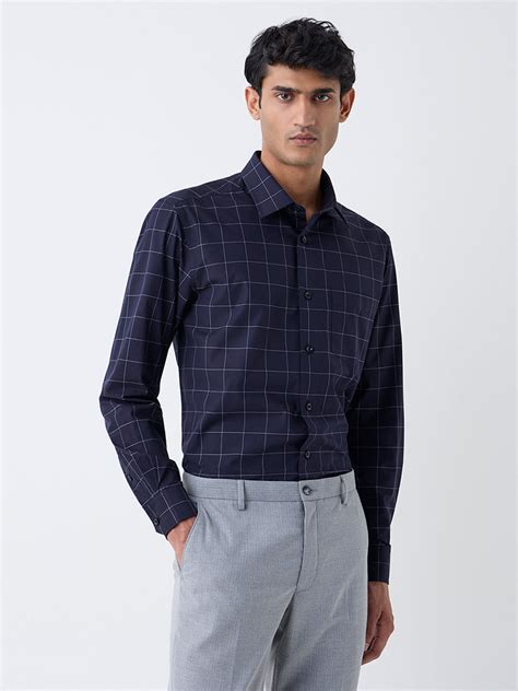Buy WES Formals Dark Navy Checks Design Relaxed-Fit Cotton Shirt from ...