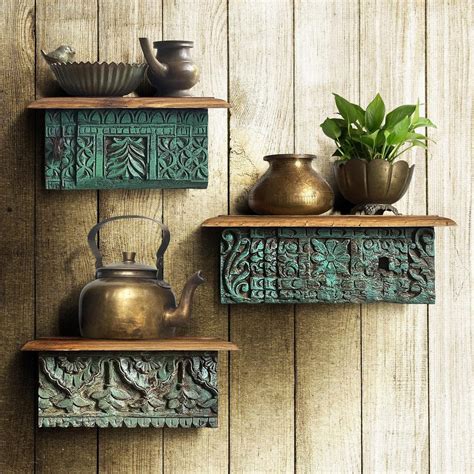Handcrafted Set of 3 Antique Wooden Wall Shelves – Vintage Carved Livi ...