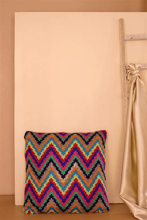Rainbow colours Zig-Zag Embroidery on off white cotton Cushion Cover