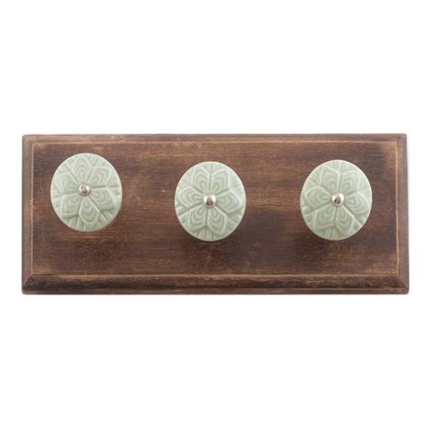 Sage Green Ceramic Flower Wooden Hooks