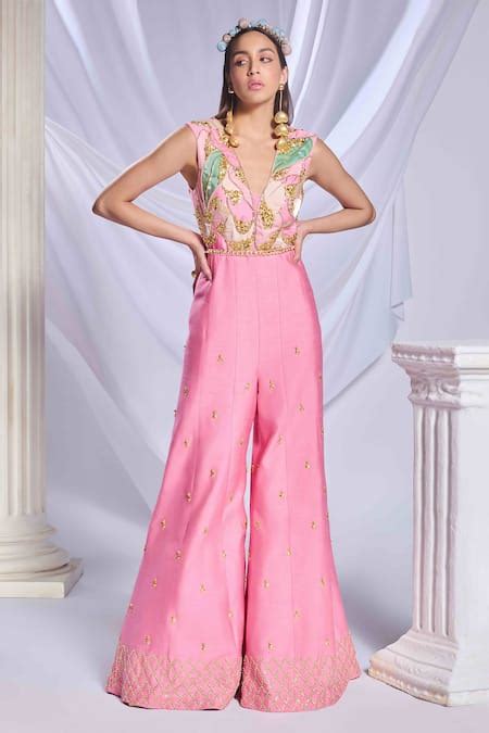 Buy Pink Rayon Patchwork, Embroidery V-neck Playdate Jumpsuit For Women ...
