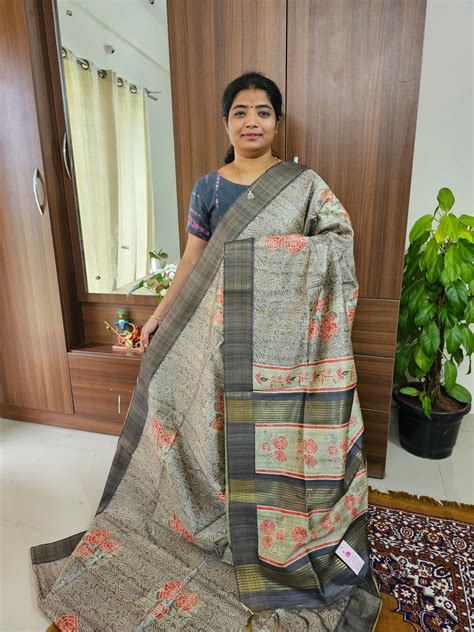 Semi Ghicha Grey with Red Kalamkari Printed Saree – Looms Legacy