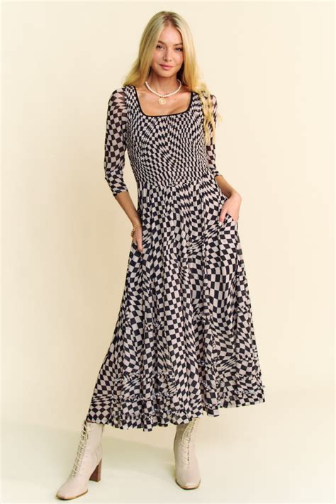 Davi and Dani Printed Checker Mesh Flowy Skirt Maxi Dress - Curvy Size