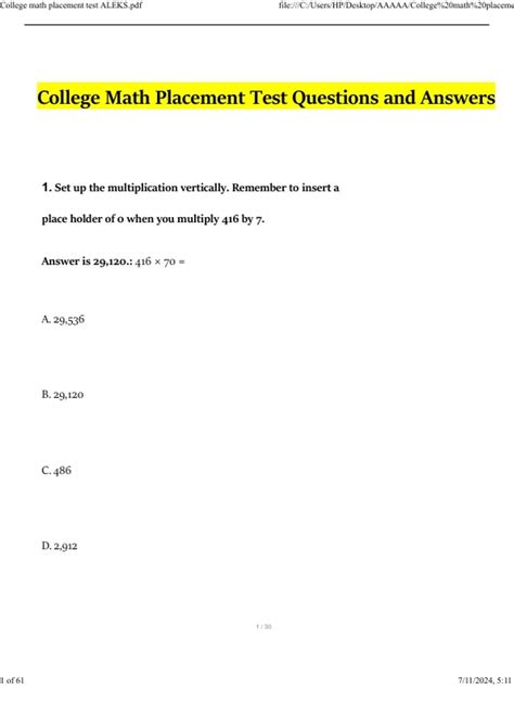 ALEKS Math Placement Exam Updated Questions and Answers (2024/2025 ...