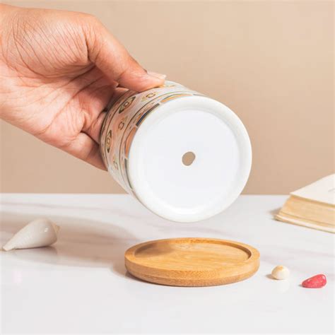 Mandala Print Ceramic Planter Green With Wooden Coaster