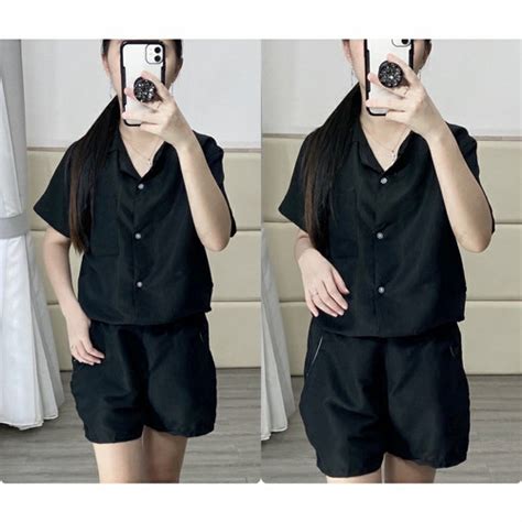 Jual real pic setelan wanita casual / set kemeja polos - Hitam ...